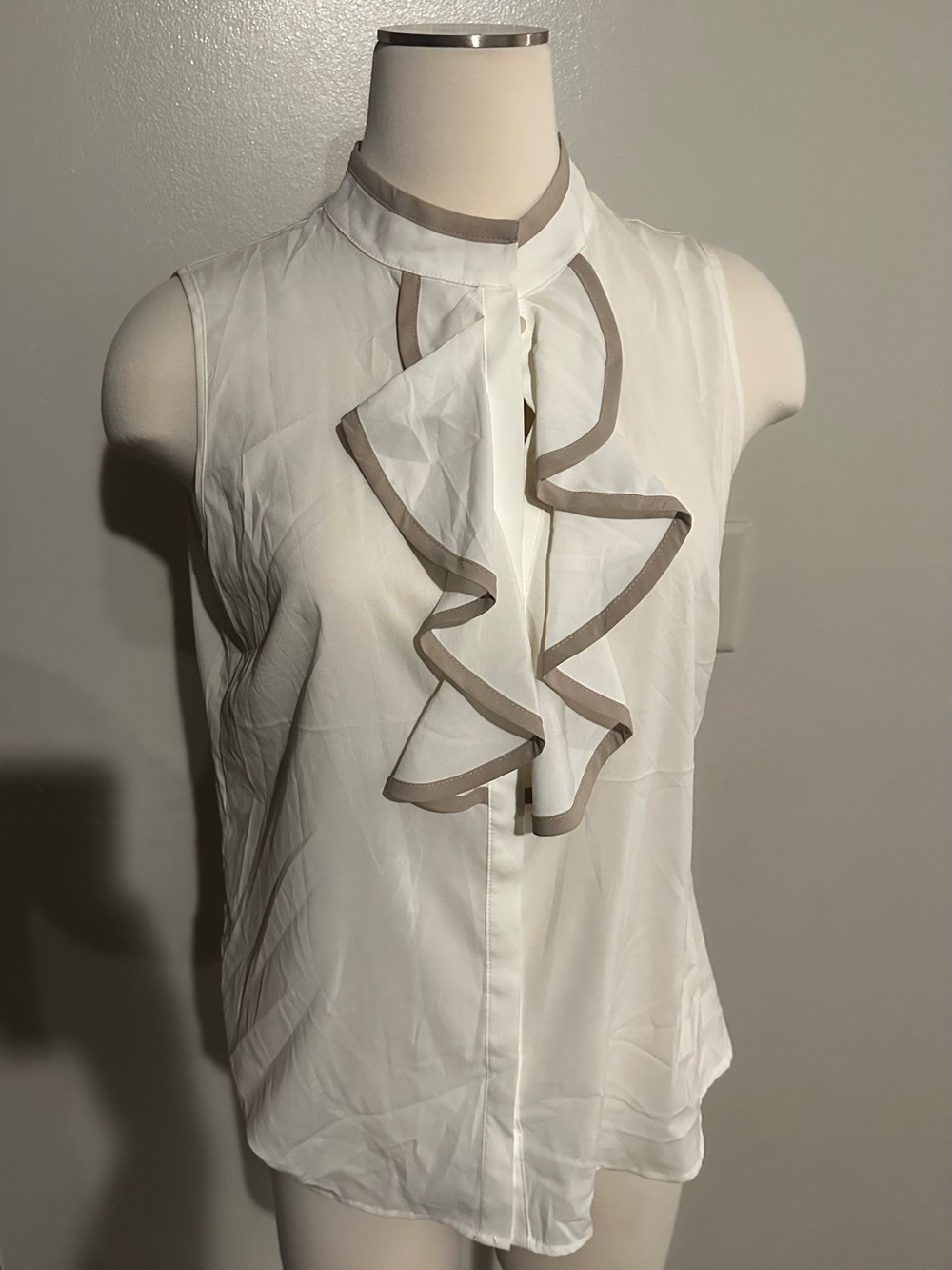 Calvin Klein White Sleeveless Ruffle Blouse with Taupe Trim